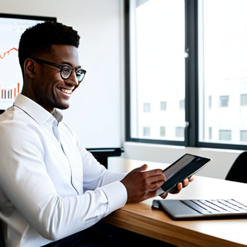 A diverse young professional, fully clothed in smart casual attire, sits comfortably at a modern, minimalist desk. They are looking at a financial app on a sleek tablet, with a gentle smile of understanding and confidence. The background is a bright, clean co-working space with large windows and subtle, abstract digital graphs on a wall, symbolizing accessible financial data. The overall atmosphere is empowering and forward-thinking. Perfect anatomy, correct proportions, natural pose, well-formed hands, proper finger count, natural body proportions. Safe for work, appropriate content, modest clothing, professional.