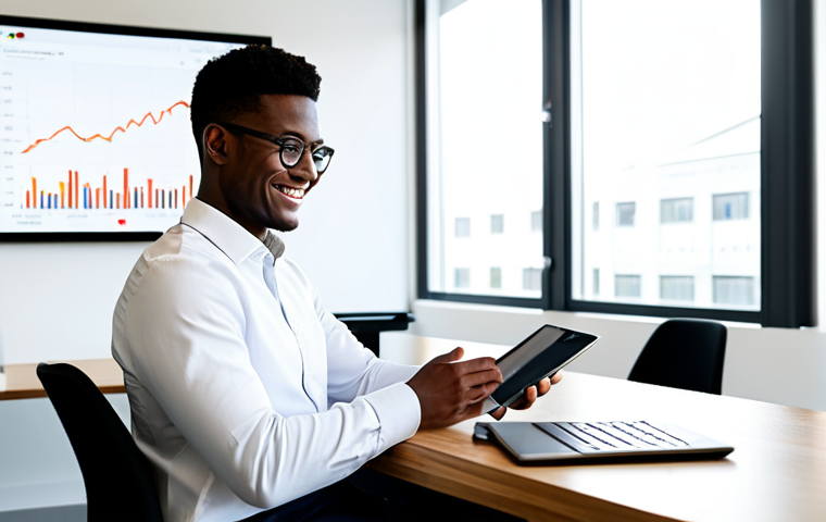 A diverse young professional, fully clothed in smart casual attire, sits comfortably at a modern, minimalist desk. They are looking at a financial app on a sleek tablet, with a gentle smile of understanding and confidence. The background is a bright, clean co-working space with large windows and subtle, abstract digital graphs on a wall, symbolizing accessible financial data. The overall atmosphere is empowering and forward-thinking. Perfect anatomy, correct proportions, natural pose, well-formed hands, proper finger count, natural body proportions. Safe for work, appropriate content, modest clothing, professional.